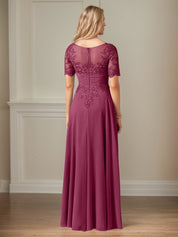 A Line Chiffon Scoop Neck Short Sleeves Floor Length Mother of the Bride Dresses With Appliques