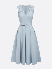 Light Blue Lace V Neck Sleeveless A-Line Midi Dress