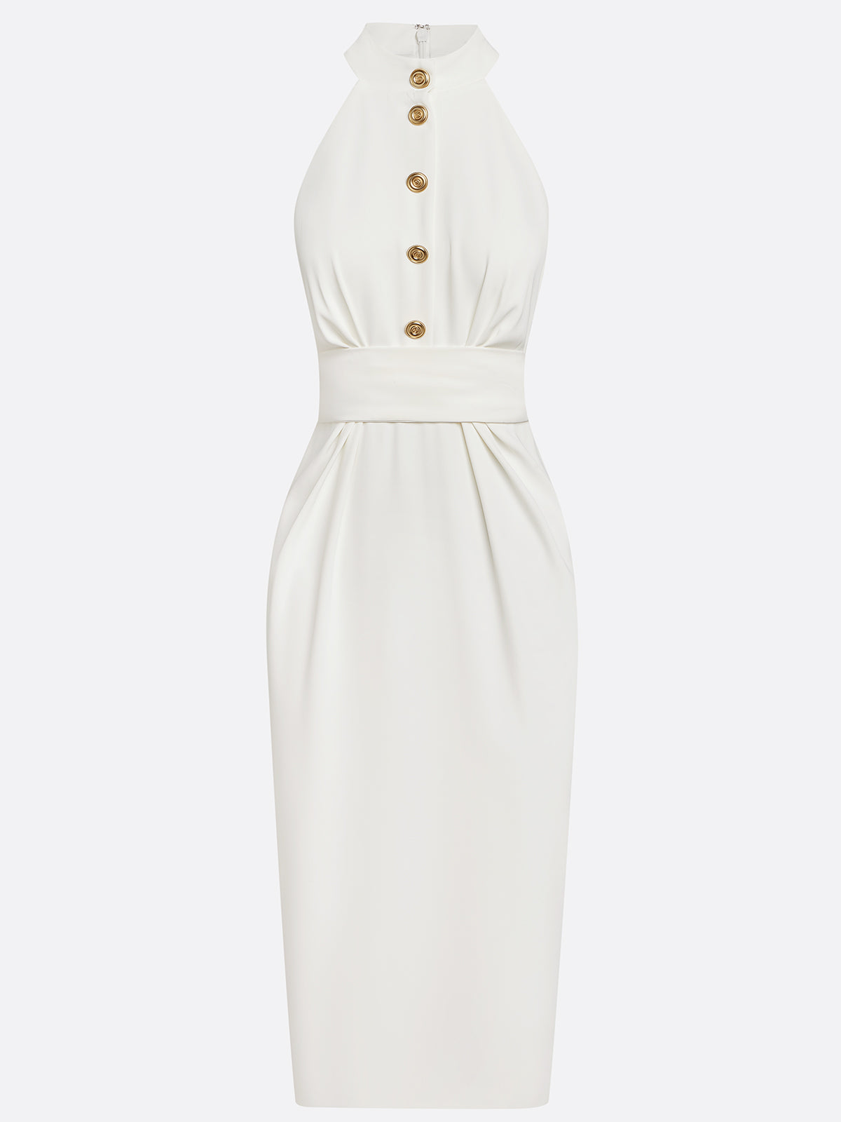 White Buckle Ruched Classic Halter Sleeveless Sheath Midi Dress