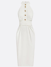 White Buckle Ruched Classic Halter Sleeveless Sheath Midi Dress