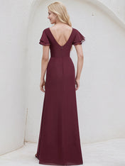 Cabernet Chiffon A Line Boat Neck Ruffle Sleeves Floor Length Bridesmaid Dress