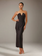 Black Satin Sheath/Column V Neck Ankle Length Bridesmaid Dresses