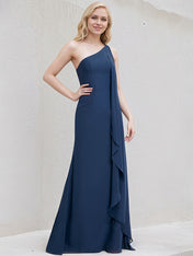 Navy Blue Chiffon A Line One Shoulder Floor Length Bridesmaid Dress