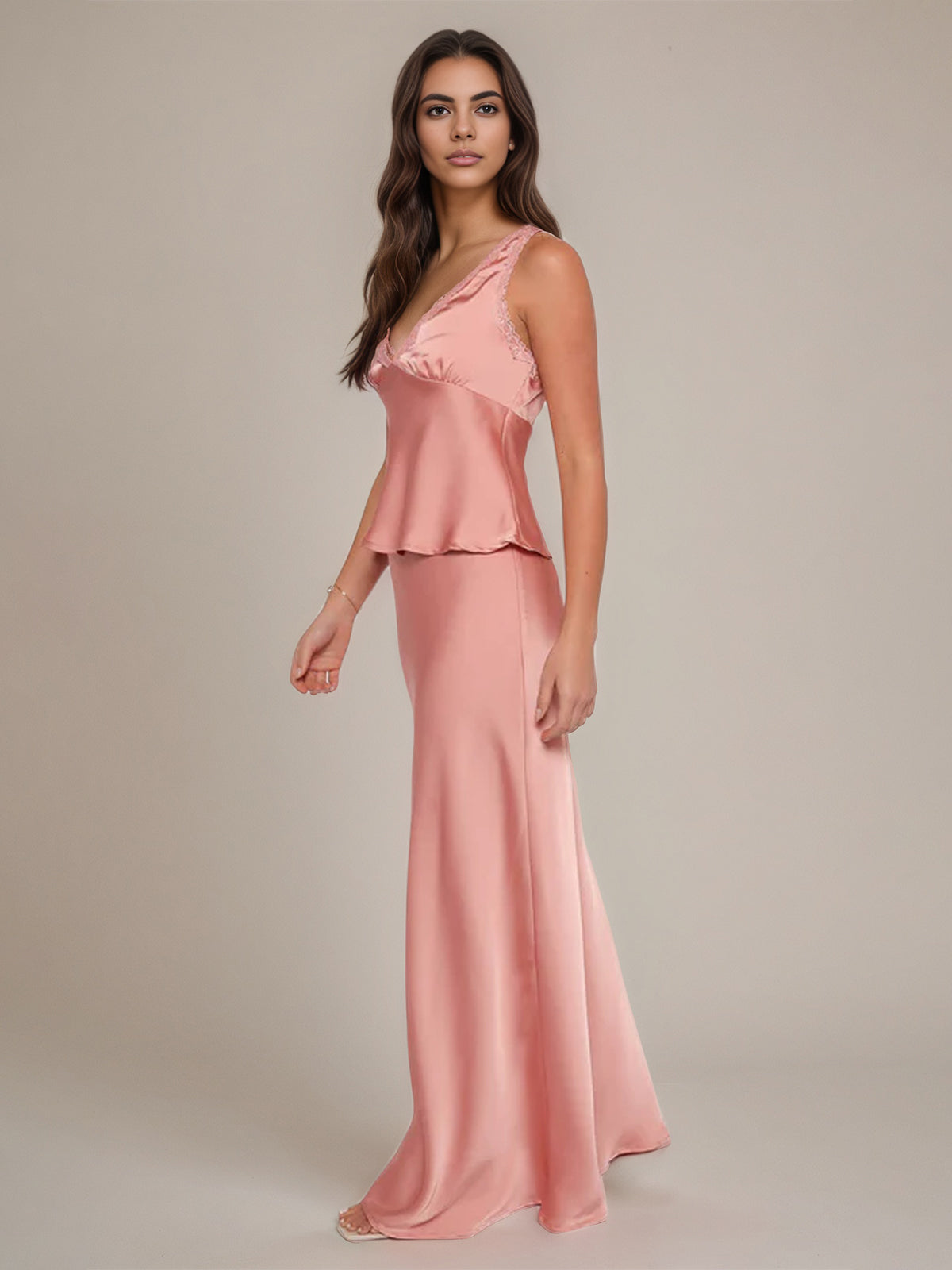 Pink Satin Sheath/Column V Neck Sleeveless Floor Length Bridesmaid Dress