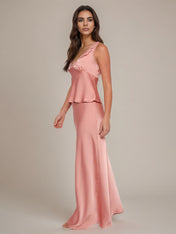Pink Satin Sheath/Column V Neck Sleeveless Floor Length Bridesmaid Dress