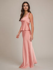 Pink Satin Sheath/Column V Neck Sleeveless Floor Length Bridesmaid Dress