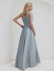 A-Line One Shoulder Floor-Length Lace Chiffon Bridesmaid Dress With Sequins