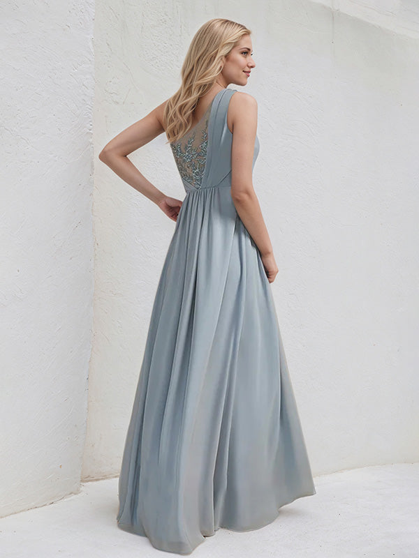 A-Line One Shoulder Floor-Length Lace Chiffon Bridesmaid Dress With Sequins