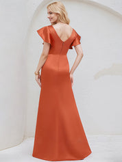 Vermilion Satin A Line V Neck Short Sleeves Floor Length Bridesmaid Dress With Ruffle