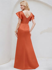 Vermilion Satin A Line V Neck Short Sleeves Floor Length Bridesmaid Dress With Ruffle