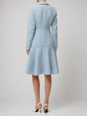 Light Blue Lapel Collar Pocket A-Line Midi Tweed Blazer Dress