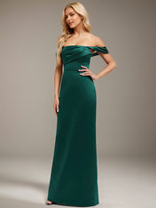 Emerald Sheath/Column Off the Shoulder Floor-Length Satin Bridesmaid Dress