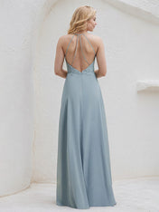 Dusty Blue Chiffon A Line V Neck Sleeveless Floor Length Bridesmaid Dress With Appliques