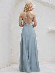 Dusty Blue Chiffon A Line V Neck Sleeveless Floor Length Bridesmaid Dress With Appliques