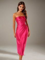 Hot Pink Satin Sheath/Column Off The Shoulder Tea Length Bridesmaid Dresses