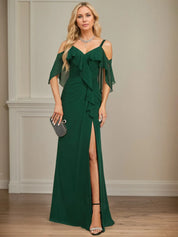 Sheath/Column Cold Shoulder V-Neck Floor-Length Chiffon Dress With Cascading Ruffles Sequins Beading