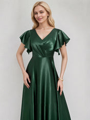Green Satin A Line V Neck Floor Length Bridesmaid Dress With Ruffle