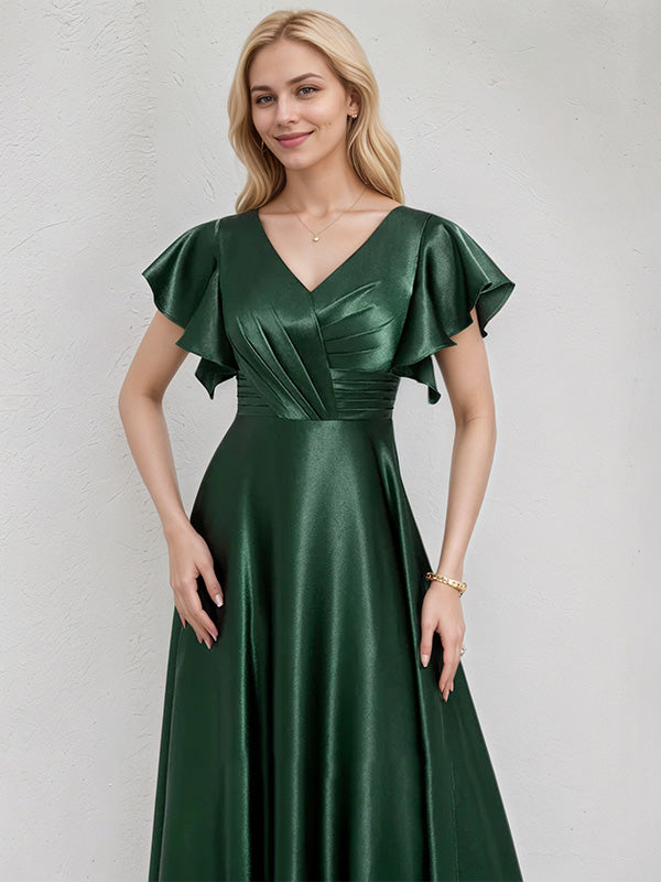Green Satin A Line V Neck Floor Length Bridesmaid Dress With Ruffle
