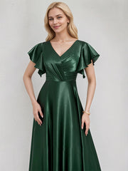 Green Satin A Line V Neck Floor Length Bridesmaid Dress With Ruffle