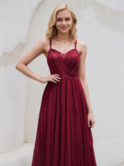 Burgundy Tulle A Line Spaghetti Straps Sleeveless Floor Length Bridesmaid Dress