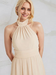 Champagne Chiffon A Line Halter Neck Floor Length Bridesmaid Dress