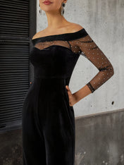 Women Velvet Black Mesh Off The Shoulder Long Sleeve Dressy Jumpsuit