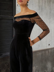 Women Velvet Black Mesh Off The Shoulder Long Sleeve Dressy Jumpsuit