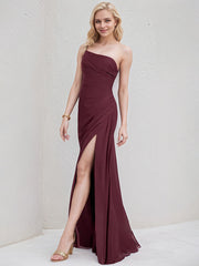 Cabernet Chiffon A Line One Shoulder Sleeveless Floor Length Bridesmaid Dress