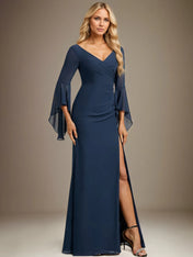 Sheath/Column V-Neck Floor-Length Chiffon Dress With Pleated