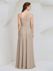 Taupe Chiffon A Line One Shoulder Sleeveless Floor Length Bridesmaid Dress