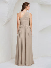 Taupe Chiffon A Line One Shoulder Sleeveless Floor Length Bridesmaid Dress