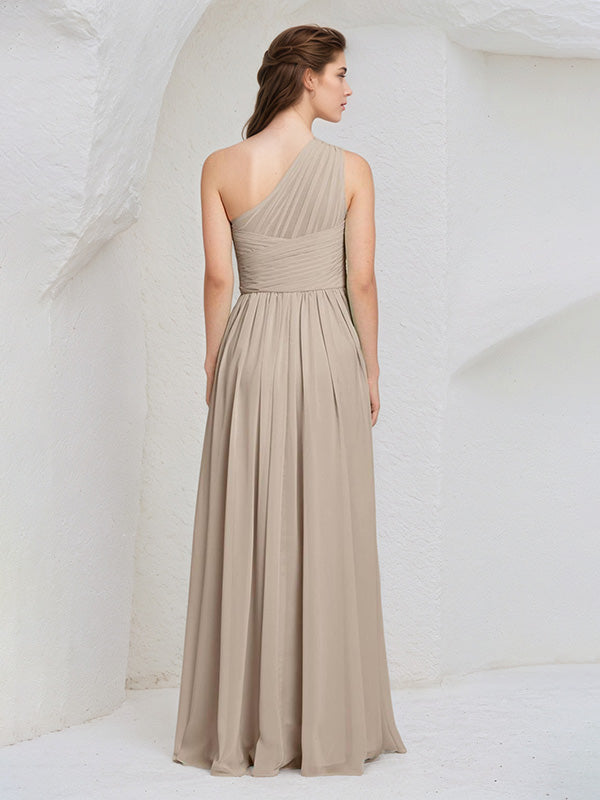 Taupe Chiffon A Line One Shoulder Sleeveless Floor Length Bridesmaid Dress