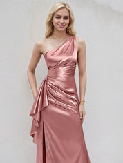 Desert Rose Satin A Line One Shoulder Floor Length Bridesmaid Dress With Ruffle