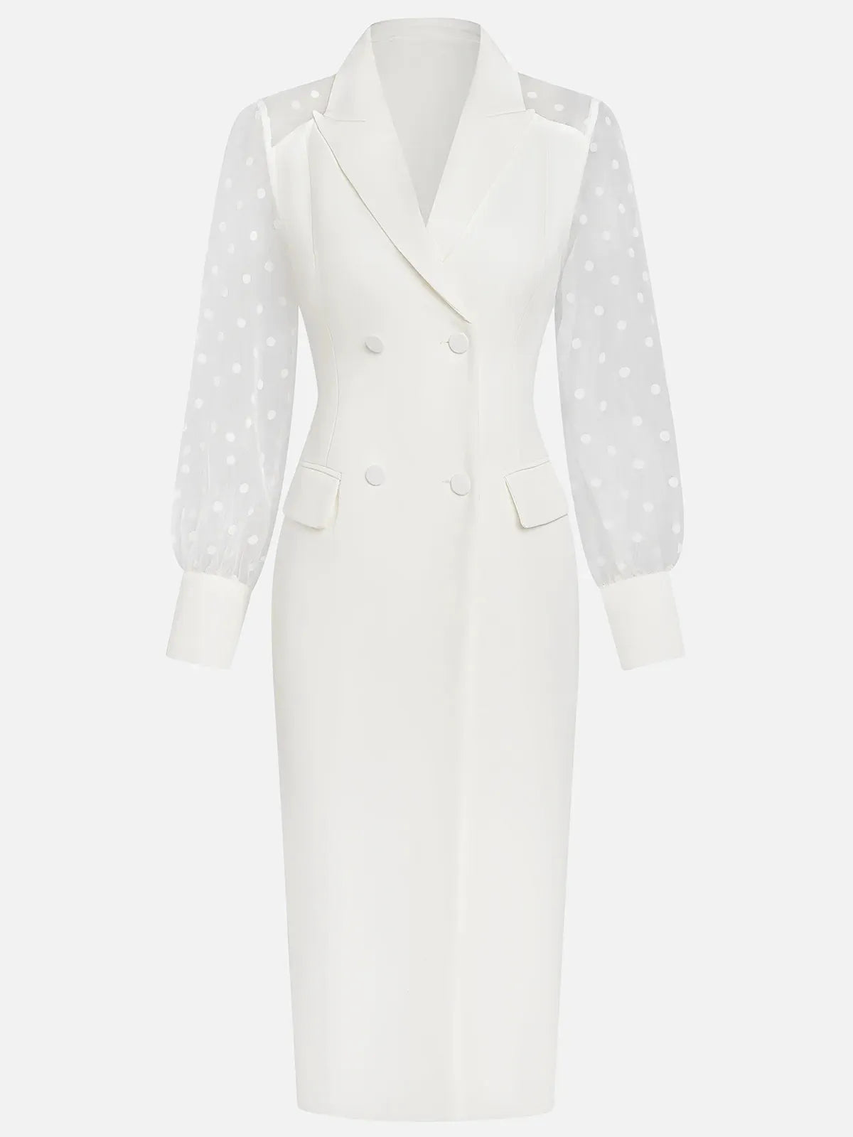 White Buckle Blazer Peaked Lapel Collar Long Sleeve Sheath Midi Dress