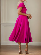 Fuchsia Stretch Crepe A Line Off The Shoulder Short Sleeves Tea Length Mother of the Bride Dresses