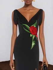 Black Floral Embroidered V Neck Sleeveless Slit Sheath Midi Dress