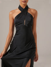 Black Satin Sheath/Column Halter Neck Sleeveless Ankle Length Dress