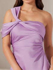 Lilac Satin Sheath/Column One Shoulder Sleeveless Ankle Length Dress