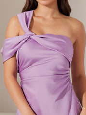 Lilac Satin Sheath/Column One Shoulder Sleeveless Ankle Length Dress