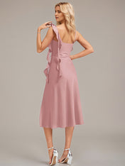 Vintage Mauve A-Line Spaghetti Straps Tea-Length Satin Bridesmaid Dress With 3D Floral