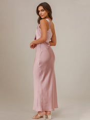 Dusty Rose Satin Sheath/Column One Shoulder Sleeveless Ankle Length Bridesmaid Dress