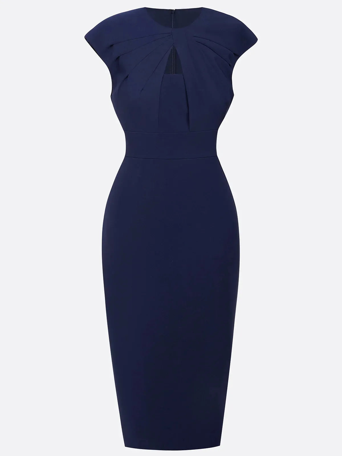 Purplish Blue Ruched Crew Neck Sleeveless Sheath Midi Dress
