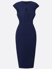 Purplish Blue Ruched Crew Neck Sleeveless Sheath Midi Dress