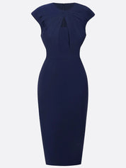 Purplish Blue Ruched Crew Neck Sleeveless Sheath Midi Dress