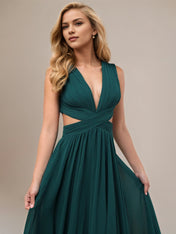 Green A Line Chiffon V Neck Sleeveless Floor Length Dresses