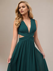 Green A Line Chiffon V Neck Sleeveless Floor Length Dresses