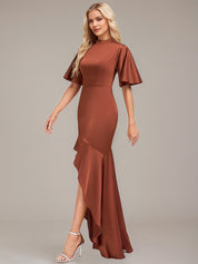 Trumpet/Mermaid High Neck Short Sleeves Asymmetrical Satin Bridesmaid Dress