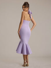 Lilac Chiffon Sheath/Column Halter Neck Sleeveless Tea Length Dress