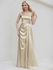 Champagne Satin A Line One Shoulder Sleeveless Floor Length Bridesmaid Dress