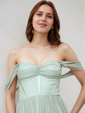 A Line Sage Tulle Off the Shoulder Sleeveless Floor Length Dress With Ruffles